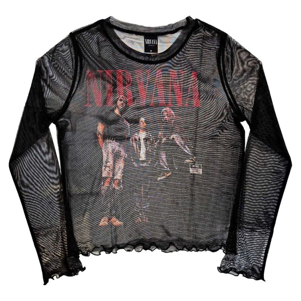Nirvana Womens/Ladies In Utero Band Photo Mesh Long-Sleeved Crop Top / Black